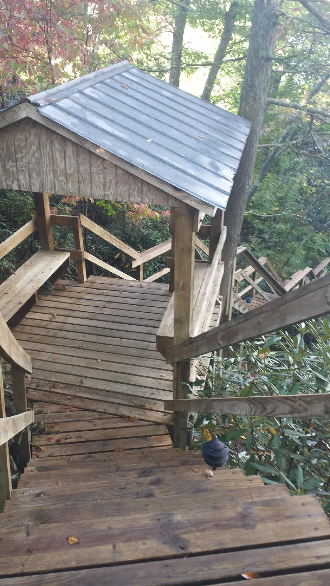 Metal roofed shelter over wooden steps on a wooded walkway — Skylight Repair & Installation work by our crew in Curtice